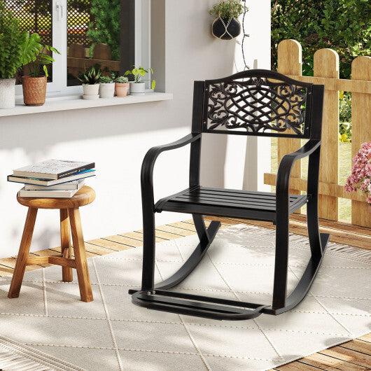 Patio Rocking Chair with Footrest and Curved Armrests-Brown W2B
