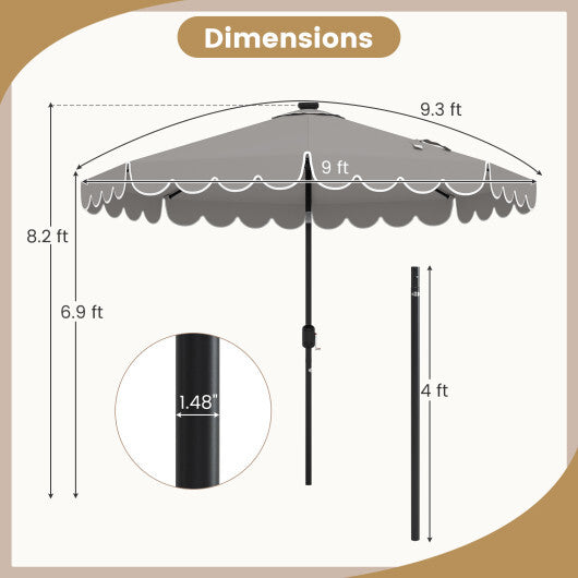 9.3 FT Solar Patio Umbrella with 24 LED Lights Vented Top and Ruffles-Gray