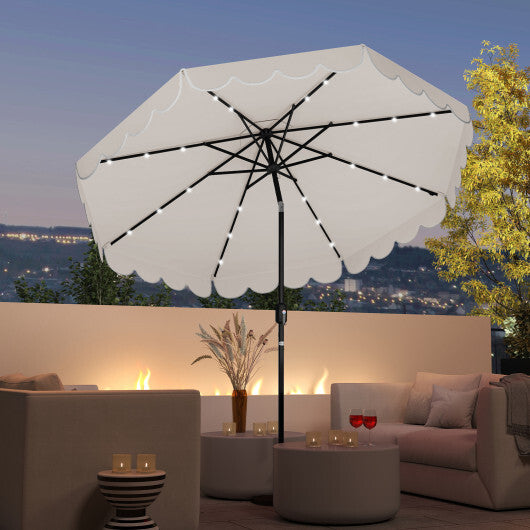 9.3 FT Solar Patio Umbrella with 24 LED Lights Vented Top and Ruffles-Gray