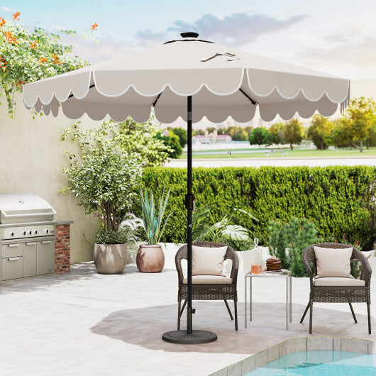 9.3 FT Solar Patio Umbrella with 24 LED Lights Vented Top and Ruffles-Gray