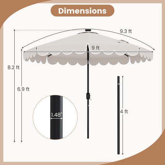 9.3 FT Solar Patio Umbrella with 24 LED Lights Vented Top and Ruffles-Gray