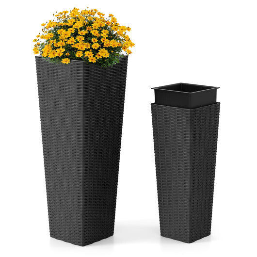 Rattan Tall Planter Set of 2 Outdoor Large Tapered Planters with Removable Inner Trays-Black W2B