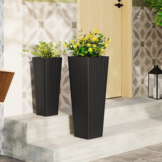 Rattan Tall Planter Set of 2 Outdoor Large Tapered Planters with Removable Inner Trays-Black W2B