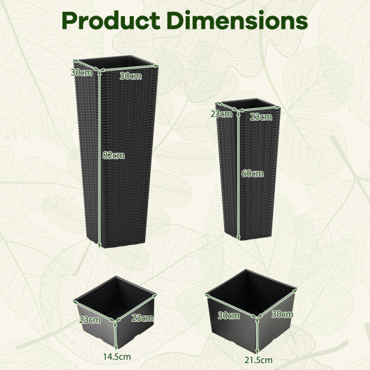 Rattan Tall Planter Set of 2 Outdoor Large Tapered Planters with Removable Inner Trays-Black W2B