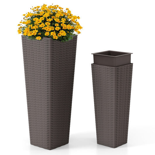Rattan Tall Planter Set of 2 Outdoor Large Tapered Planters with Removable Inner Trays-Black W2B