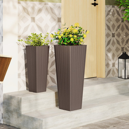 Rattan Tall Planter Set of 2 Outdoor Large Tapered Planters with Removable Inner Trays-Black W2B
