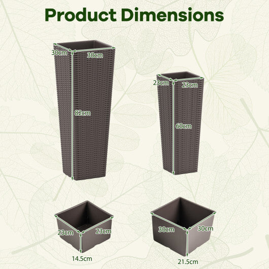 Rattan Tall Planter Set of 2 Outdoor Large Tapered Planters with Removable Inner Trays-Black W2B