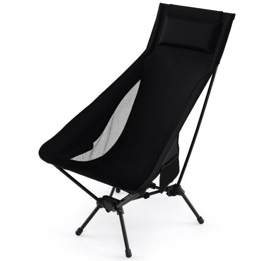 High Back Portable Camping Chair with Compact Carry Bag and Pillow-Black