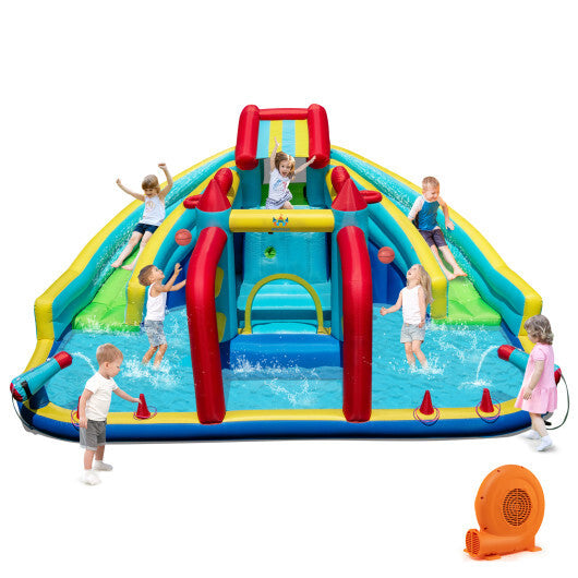 Inflatable Double Water Slide Park with 750W Blower and Obstacle Course W2B
