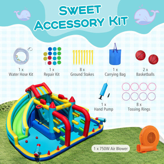 Inflatable Double Water Slide Park with 750W Blower and Obstacle Course W2B