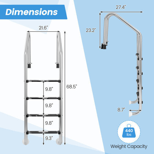 4-Step Inground Pool Ladder Stainless Steel Swimming Pool Ladder W2B