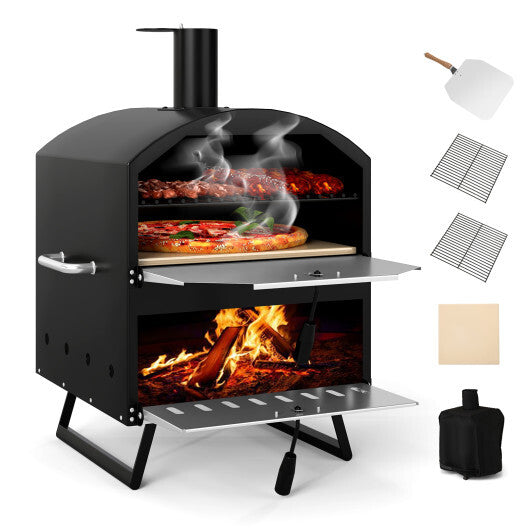Outdoor 16 Inch 2-Layer Wood Fired Pizza Oven with Square Stone-Black