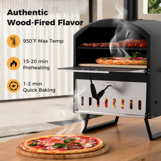 Outdoor 16 Inch 2-Layer Wood Fired Pizza Oven with Square Stone-Black
