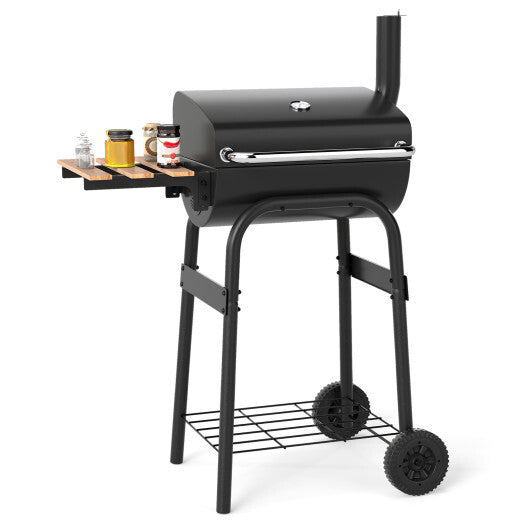 Barrel Charcoal Grill with Foldable Side Table and Thermostat-Black