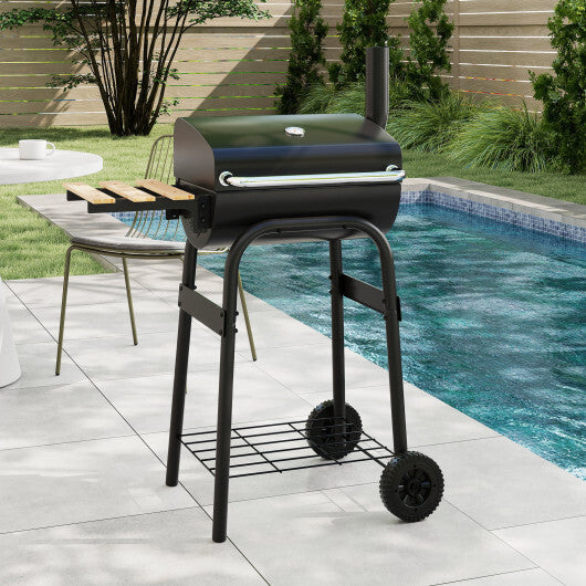 Barrel Charcoal Grill with Foldable Side Table and Thermostat-Black
