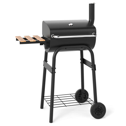 Barrel Charcoal Grill with Foldable Side Table and Thermostat-Black