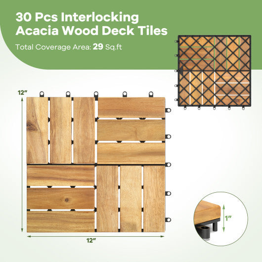 Pack of 30 Acacia Wood Interlocking Deck Tiles-Brown W2B
