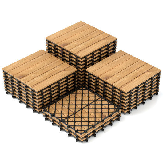 30 PCS Interlocking Deck Tiles 12 x 12 Inch Acacia Wood Patio Tiles with Straight Slats-Natural W2B
