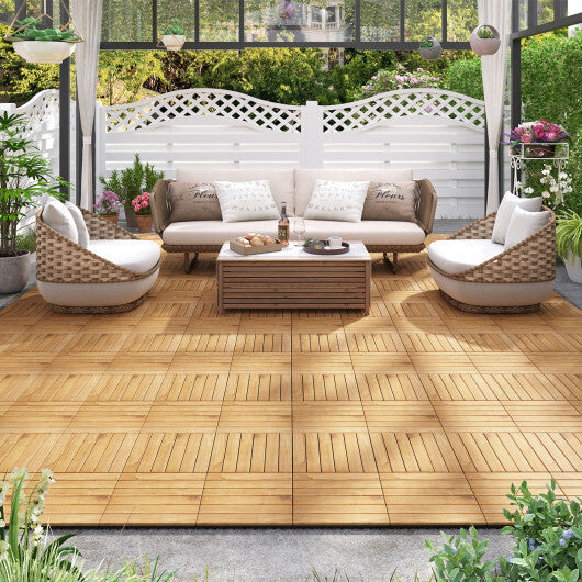 30 PCS Interlocking Deck Tiles 12 x 12 Inch Acacia Wood Patio Tiles with Straight Slats-Natural W2B