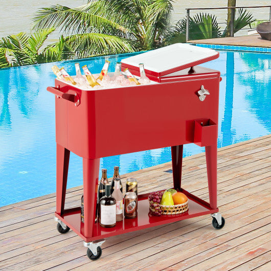 Portable Patio Cooler with Bottom Storage Shelf and Bottle Opener-Red W2B