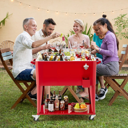 Portable Patio Cooler with Bottom Storage Shelf and Bottle Opener-Red W2B
