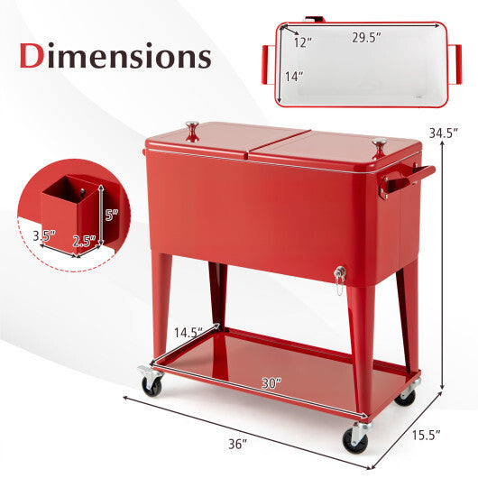 Portable Patio Cooler with Bottom Storage Shelf and Bottle Opener-Red W2B