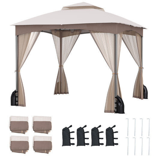 10 X 10 FT Heavy-Duty Patio Gazebo with Netting Walls and 4 Sandbags-Khaki