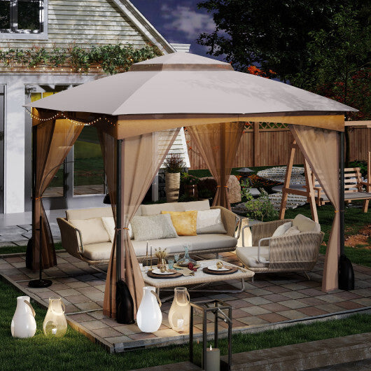 10 X 10 FT Heavy-Duty Patio Gazebo with Netting Walls and 4 Sandbags-Khaki