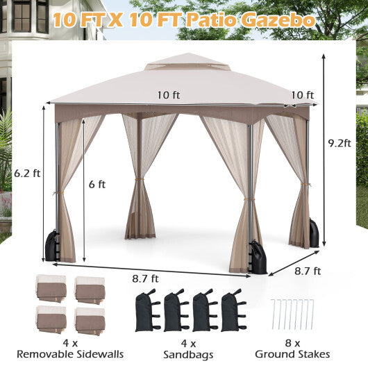 10 X 10 FT Heavy-Duty Patio Gazebo with Netting Walls and 4 Sandbags-Khaki