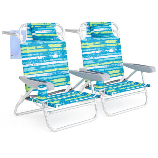 2 Pack Folding Beach Chair with Adjustable Positions and Head Pillow-Green W2B