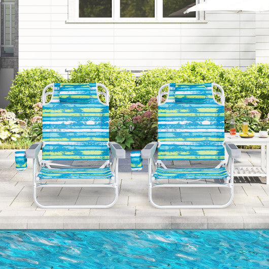 2 Pack Folding Beach Chair with Adjustable Positions and Head Pillow-Green W2B