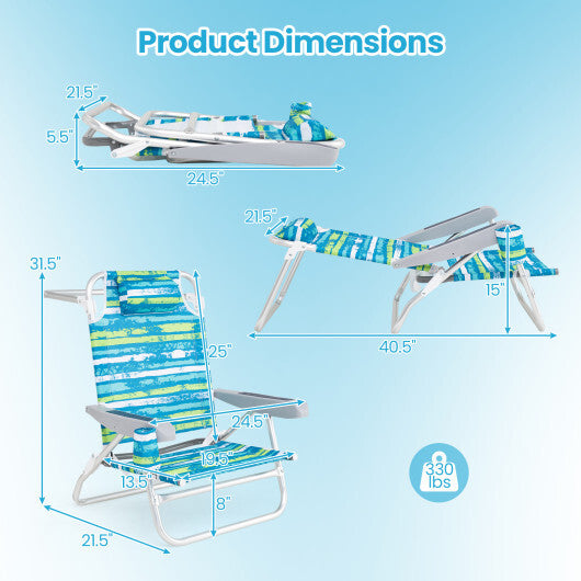 2 Pack Folding Beach Chair with Adjustable Positions and Head Pillow-Green W2B
