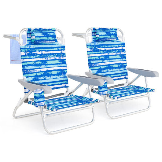 2 Pack Folding Beach Chair with Adjustable Positions and Head Pillow-Green W2B