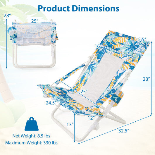 Folding Low Beach Chair Set of 2 Patio Sling Chairs with Padded Head Pillow-Blue