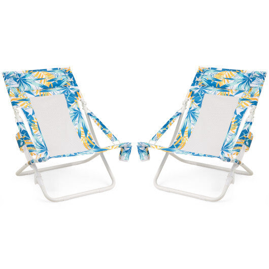 Folding Low Beach Chair Set of 2 Patio Sling Chairs with Padded Head Pillow-Blue