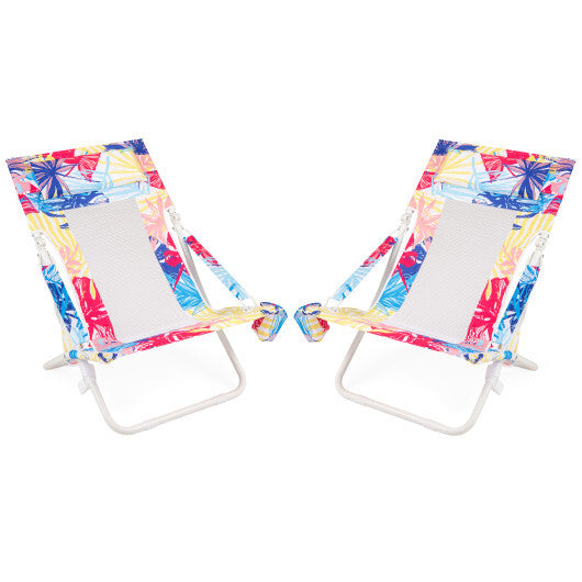 Folding Low Beach Chair Set of 2 Patio Sling Chairs with Padded Head Pillow-Blue