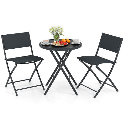 3 Piece Outdoor Folding Patio Bistro Set with Tempered Glass Coffee Table and 2 Patio Chairs