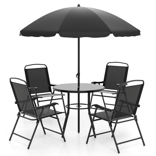 6 Pieces Patio Dining Set with Umbrella with 4 Folding Armchairs