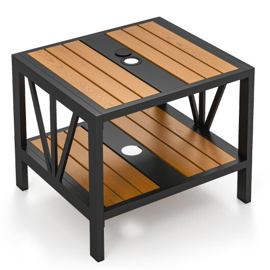 Outdoor Side Table with Umbrella Hole and Storage Shelf for Porch W2B