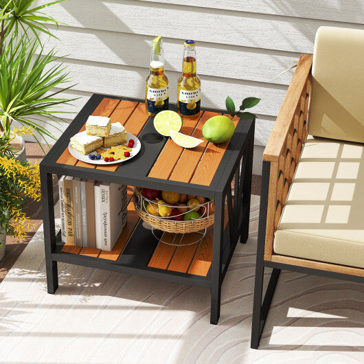 Outdoor Side Table with Umbrella Hole and Storage Shelf for Porch W2B
