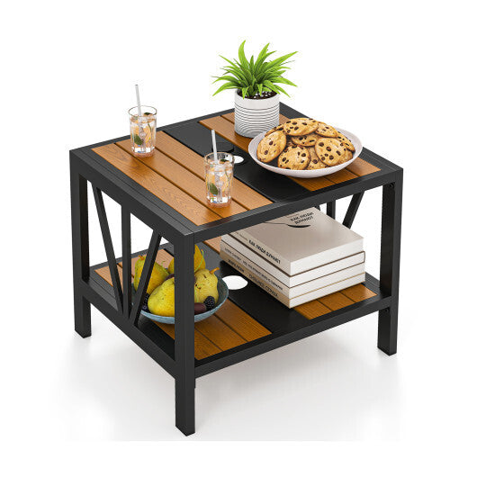 Outdoor Side Table with Umbrella Hole and Storage Shelf for Porch W2B