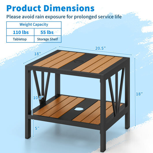 Outdoor Side Table with Umbrella Hole and Storage Shelf for Porch W2B
