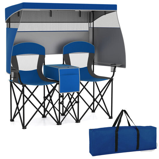 Double Beach Chair with Adjustable Canopy and 3 -Side Shading Curtains-Navy