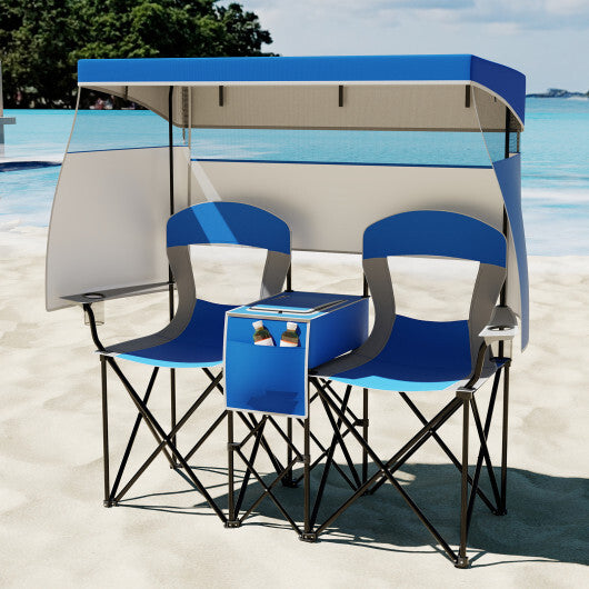 Double Beach Chair with Adjustable Canopy and 3 -Side Shading Curtains-Navy