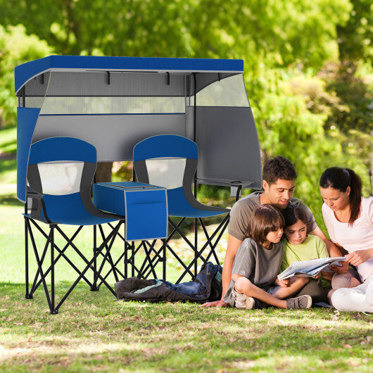 Double Beach Chair with Adjustable Canopy and 3 -Side Shading Curtains-Navy