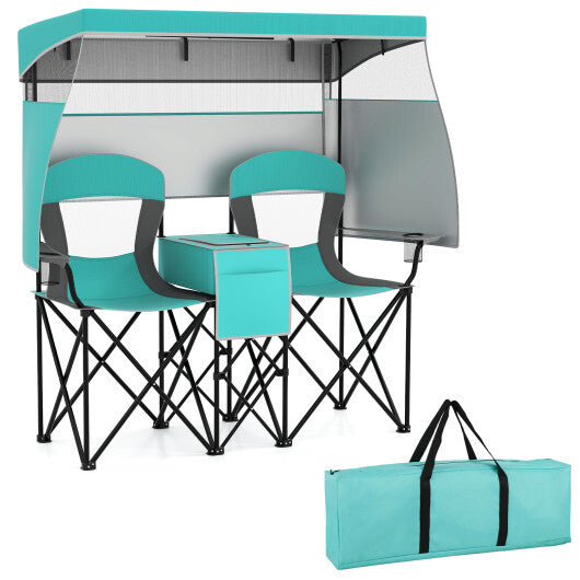 Double Beach Chair with Adjustable Canopy and 3 -Side Shading Curtains-Navy