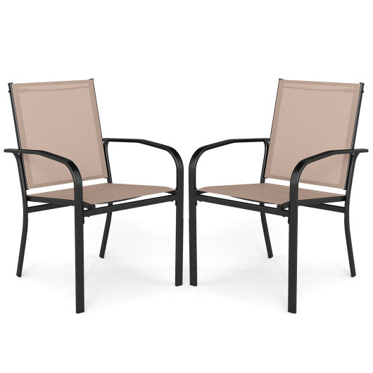 Outdoor Dining Chairs Set of 2 with High Back and Metal Frame-Light Brown W2B