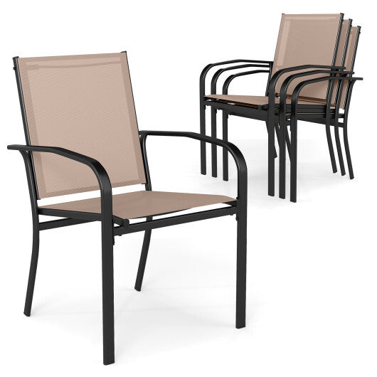 Outdoor Dining Chairs Set of 4 with High Back and Metal Frame-Light Brown W2B