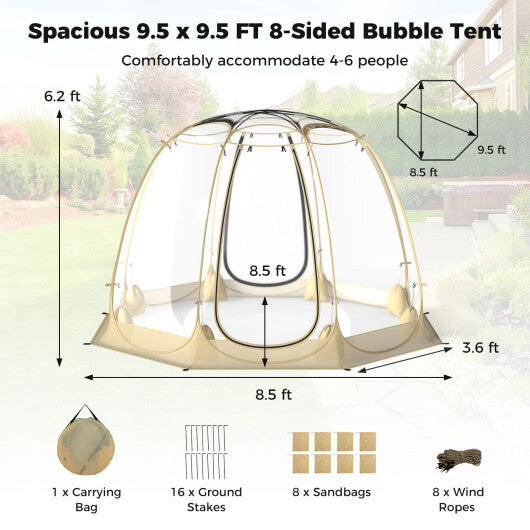 Pop Up Bubble Tent 630 Transparent PVC Igloo 8.5 x 8.5 FT Instant Setup Screen House for 5-6 People-Beige