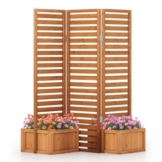 3-Panel Solid Wood Frame Freestanding Garden Fence with 2 Self-Draining Planter Boxes-Yellow W2B